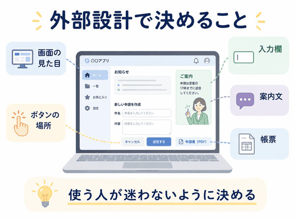 外部設計で決める画面の見た目や入力欄、ボタンの場所を説明した図