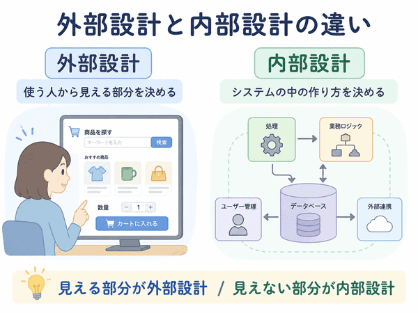 外部設計と内部設計の違いを初心者向けに説明した図