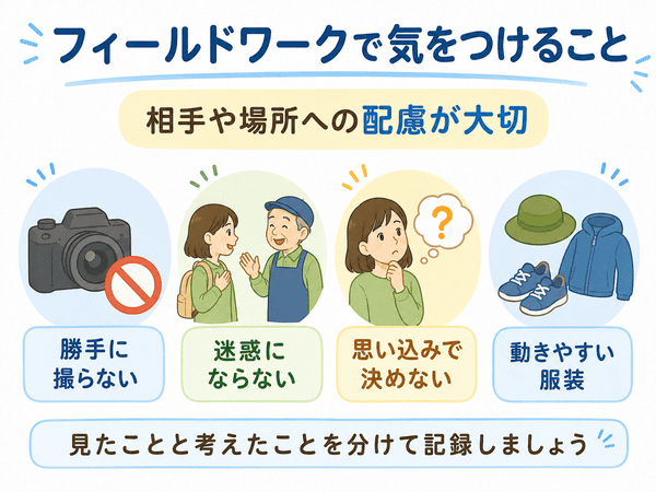 フィールドワークで写真撮影や服装、思い込みに気をつける点を示す図解