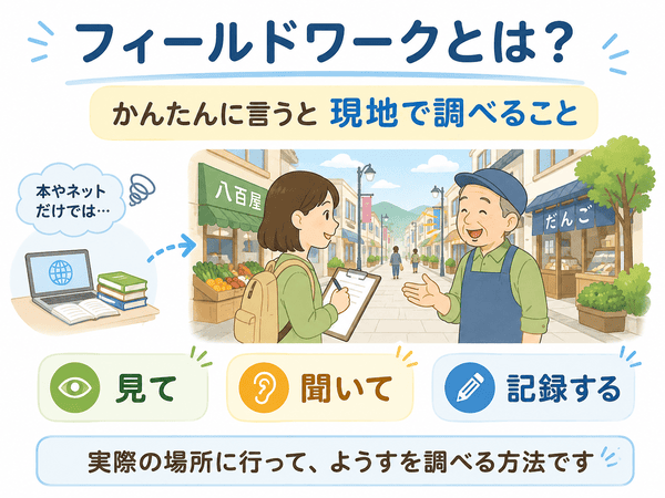 フィールドワークとは現地で見て聞いて記録する調査方法であることを示す図解