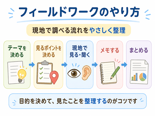 フィールドワークのやり方をテーマ決めからまとめまでの流れで示す図解