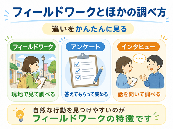 フィールドワークとアンケート、インタビューの違いを初心者向けに示す図解