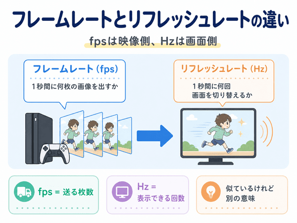 フレームレートは映像側のfps、リフレッシュレートは画面側のHzであることを説明した図