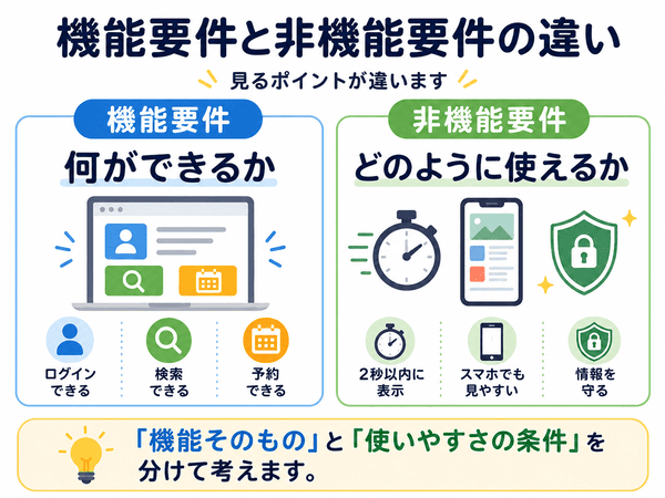 機能要件は何ができるか、非機能要件はどのように使えるかを比較した図