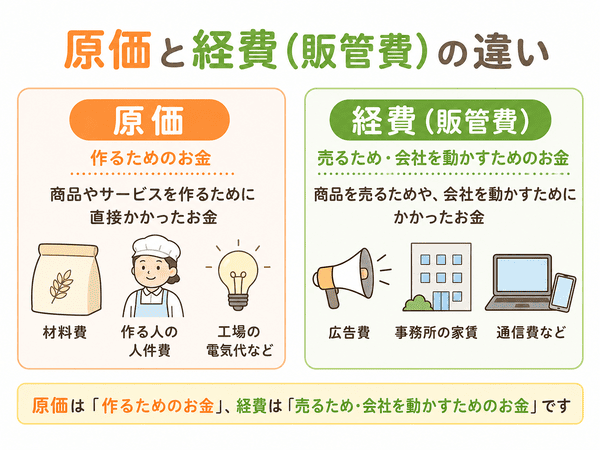 原価と経費と販管費の違いを作るためのお金と売るためのお金で比較した図