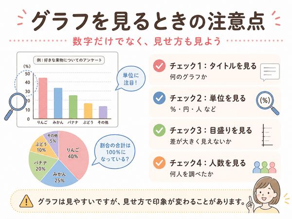 グラフを見るときに、タイトル、単位、目盛り、人数を確認するポイントを説明した図