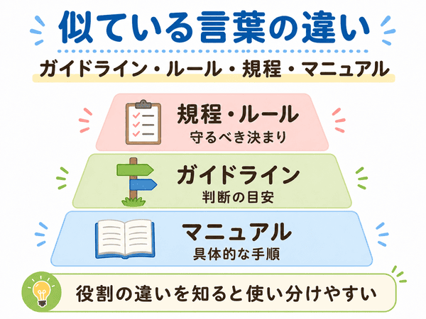ガイドライン、ルール、規程、マニュアルの違いを説明する図解