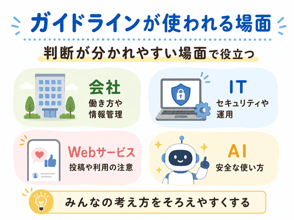 会社、IT、Webサービス、AIでガイドラインが使われる場面の図解