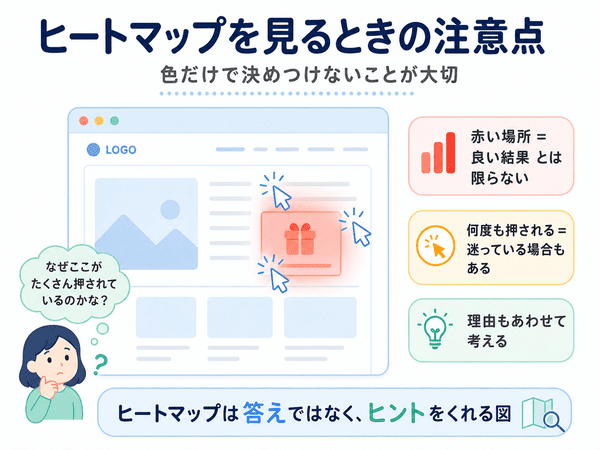 ヒートマップは色だけで決めつけず理由も考えることを説明する画像