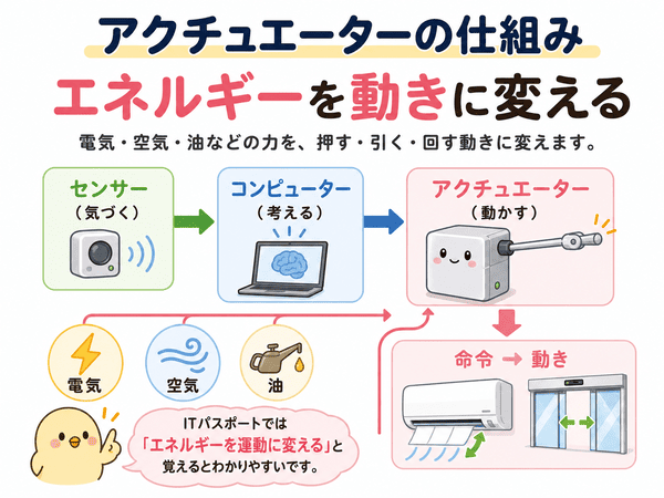アクチュエーターが電気・空気・油などのエネルギーを動きに変える仕組みを説明する図