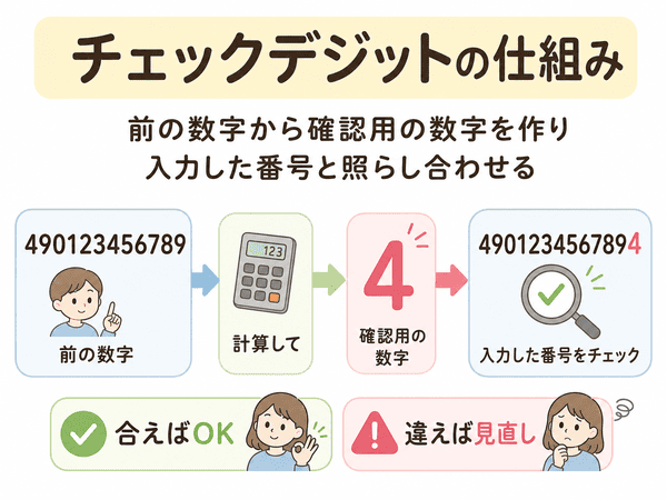 チェックデジットの仕組みを、前の数字から確認用の数字を作って照らし合わせる流れで説明した図