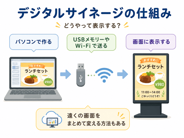 デジタルサイネージの仕組みをパソコン、USBメモリー、Wi-Fi、画面表示で説明した図