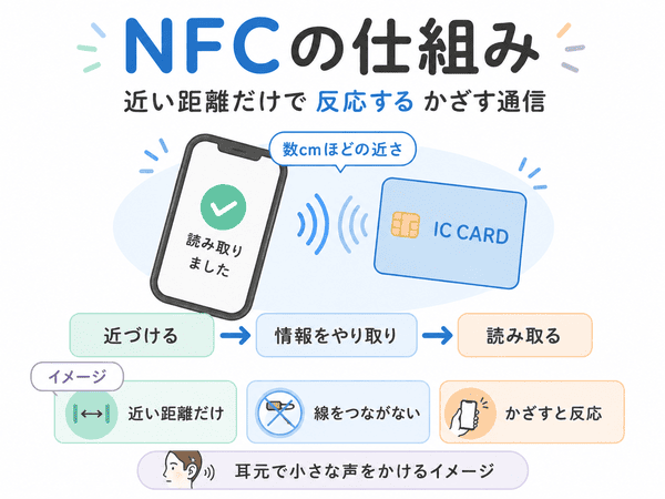 NFCは近い距離だけで反応し、線をつながずに情報を読み取るしくみを説明した図