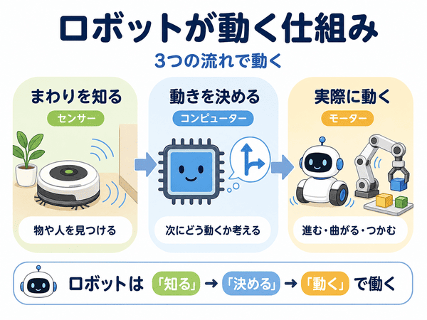 ロボットがセンサーで知りコンピューターで決めモーターで動く仕組みを示す図解