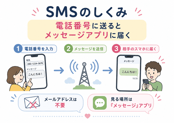 SMSは電話番号を入力して送ると相手のスマホのメッセージアプリに届く仕組みを示した図解