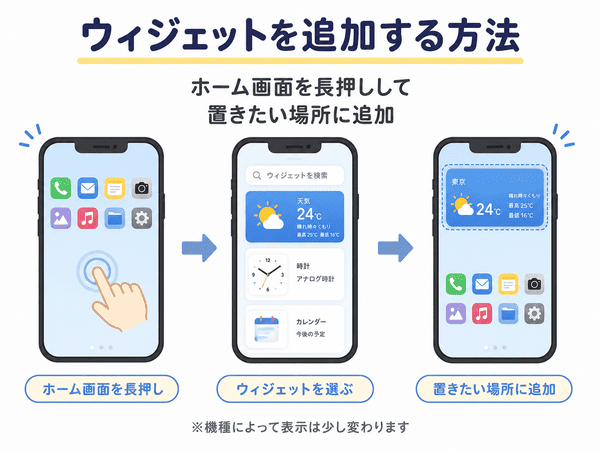 ホーム画面を長押ししてウィジェットを選び追加する方法