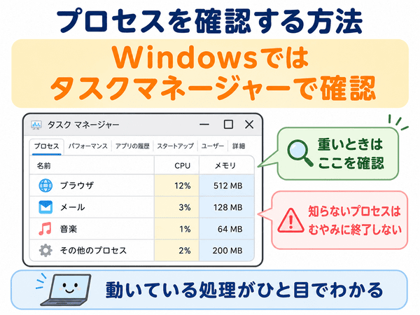 Windowsでタスクマネージャーを使ってプロセスを確認する方法を示した図