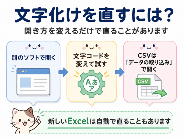 文字化けを直すために別のソフトで開く、文字コードを変える、CSVをデータの取り込みで開く方法を説明する図