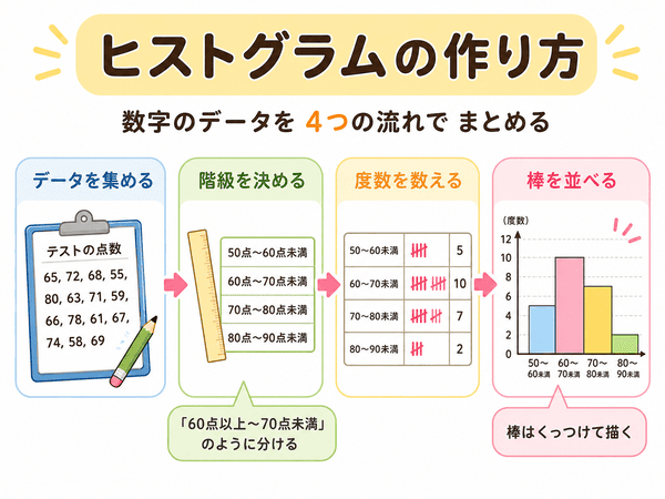 ヒストグラムの作り方をデータ収集・階級・度数・棒の流れで説明した図
