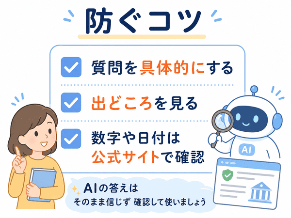 質問を具体的にする、出どころを見る、公式サイトで確認するなどハルシネーション対策を説明した図