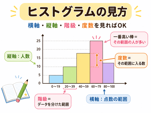 ヒストグラムの横軸・縦軸・階級・度数の見方を説明した図