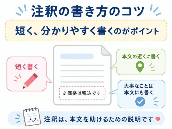 注釈は短く分かりやすく本文の近くに書くことが大切だと示した図解