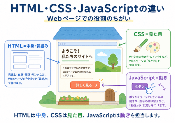 HTMLとCSSとJavaScriptの役割の違いを初心者向けに示した図