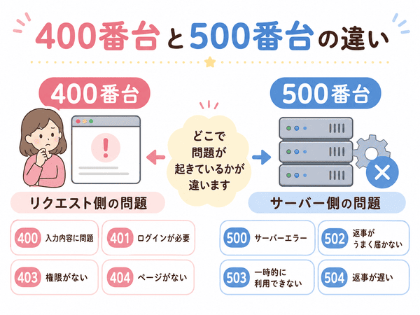 HTTPステータスコード400番台と500番台の違いをリクエスト側とサーバー側で比較した図