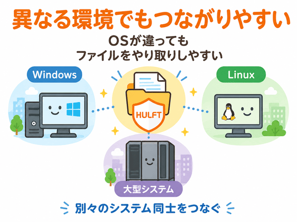 HULFTはWindows、Linux、大型システムなど異なる環境同士をつなぎやすい