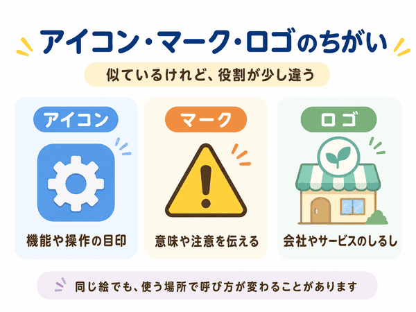 アイコン、マーク、ロゴの違いを初心者向けに説明した図