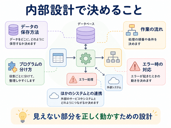 内部設計で決めるデータの保存方法や作業の流れを説明した図