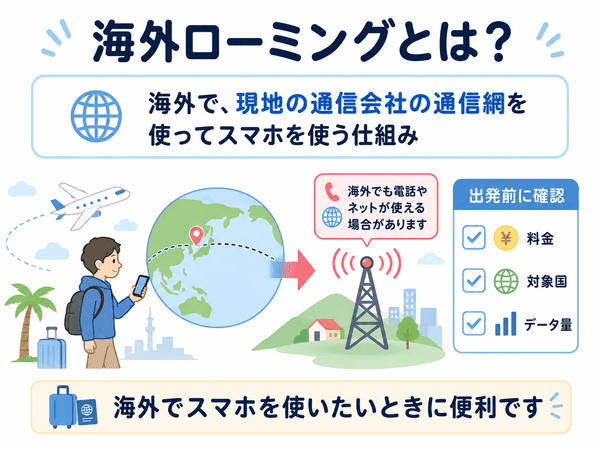 海外ローミングとは何かと出発前に確認することを説明する図