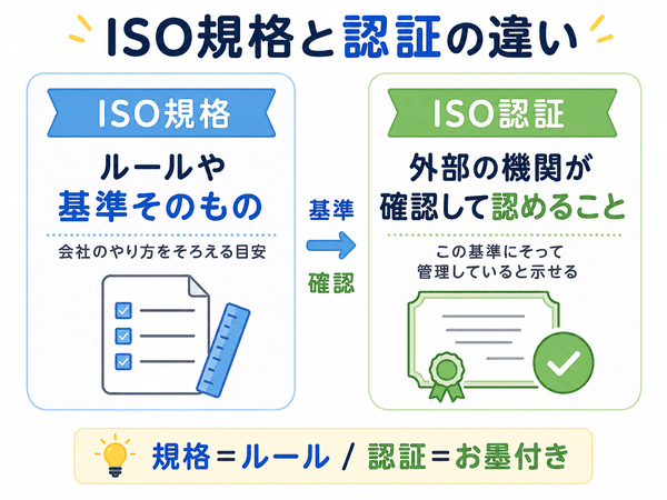 ISO規格とISO認証の違いを説明する図解