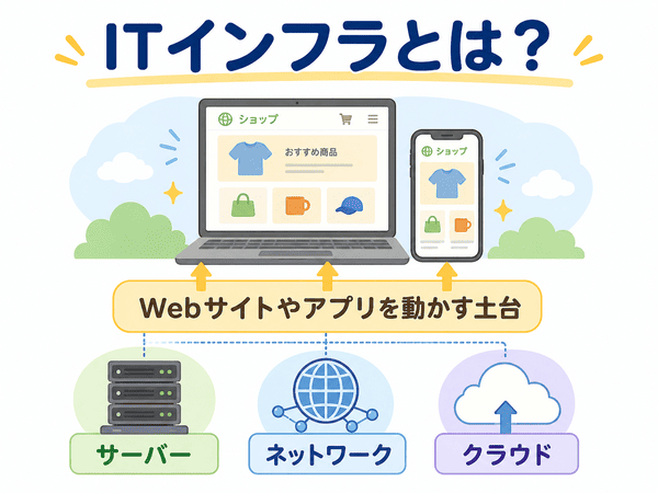 サーバー・ネットワーク・クラウドがWebサイトやアプリを支える図