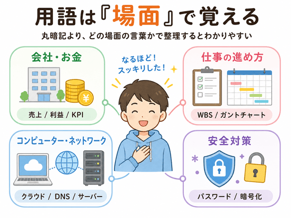 ITパスポートの用語を会社・仕事・ネットワーク・セキュリティなど場面別に整理する図解