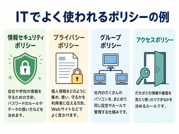 情報セキュリティポリシー、プライバシーポリシー、グループポリシー、アクセスポリシーの例を示した図解