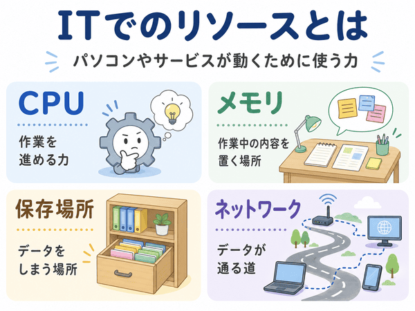 ITでのリソースとしてCPU・メモリ・保存場所・ネットワークを説明する図