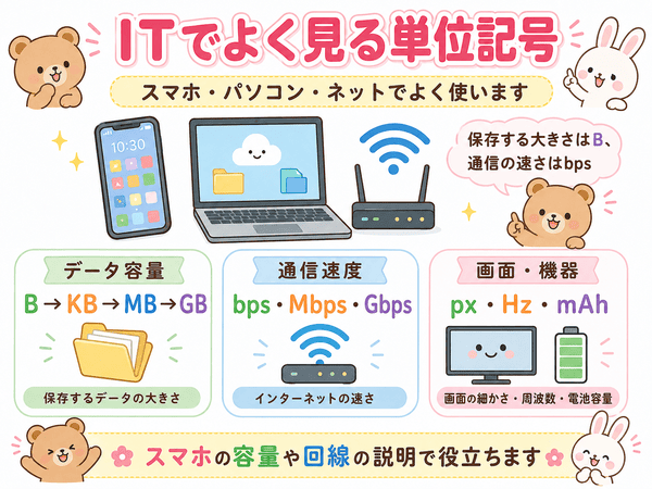 ITでよく見るデータ容量・通信速度・画面や機器の単位記号を示した図解