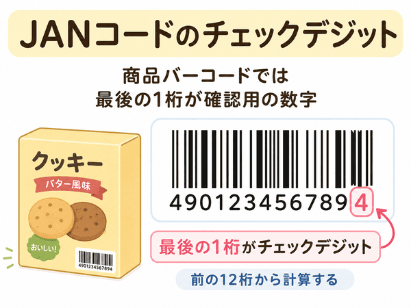 JANコードでは最後の1桁がチェックデジットで、前の12桁から計算されることを示した図