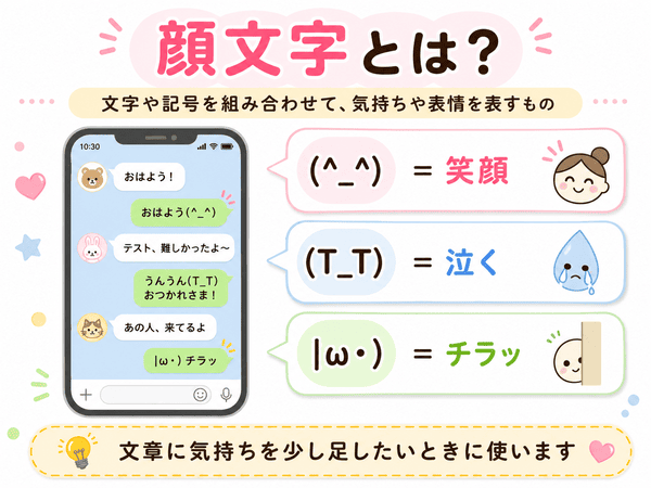 顔文字とは文字や記号を組み合わせて気持ちや表情を表すことを示した図解