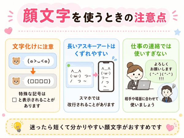 顔文字を使うときの文字化けや表示くずれや使いすぎの注意点を示した図解
