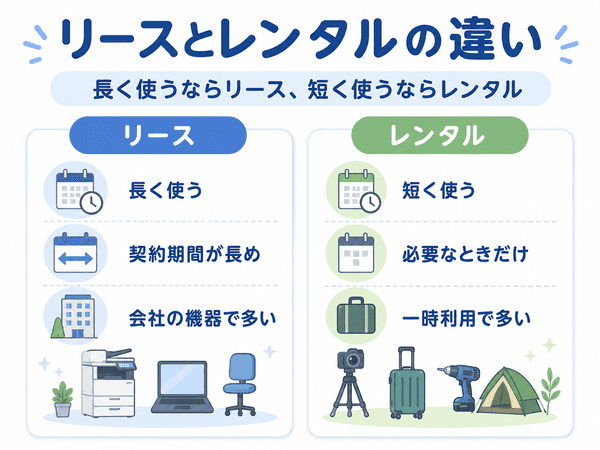 リースとレンタルの違いを、長く使うか短く使うかで比較した初心者向け図解