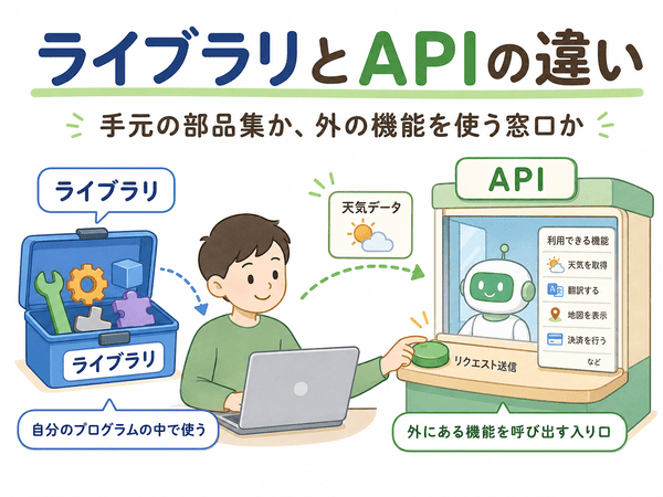 ライブラリとAPIの違いを、自分のプログラムの中で使う部品集と外にある機能を呼び出す入り口として説明した図解
