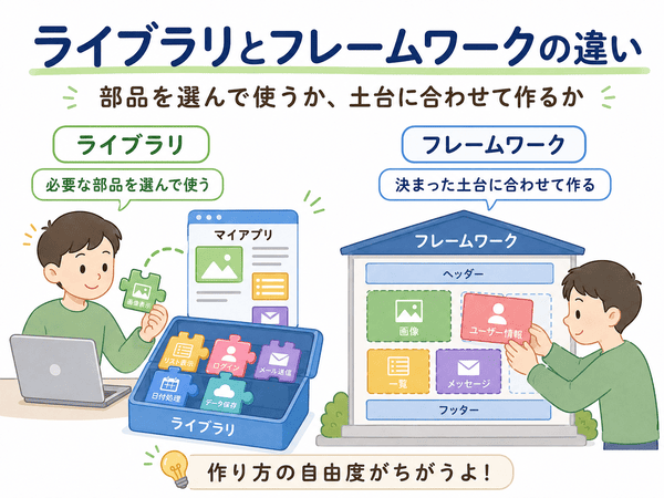 ライブラリとフレームワークの違いを、必要な部品を選んで使う方法と決まった土台に合わせて作る方法で比較した図解