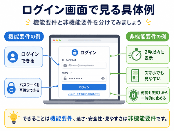 ログイン画面を例に機能要件と非機能要件を分けて説明した図