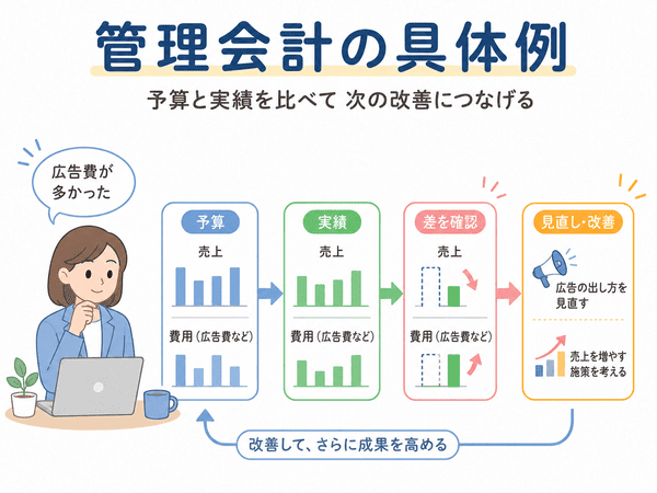 管理会計で予算と実績を比べて差を確認し改善につなげる流れを示した図解