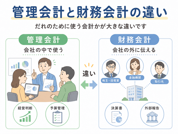 管理会計は会社の中で使い、財務会計は会社の外に伝える会計である違いを示した図解