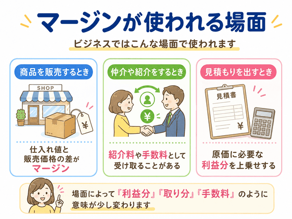 マージンが商品販売・仲介や紹介・見積もりで使われる場面を説明した図