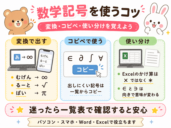 数学記号をパソコンやスマホで変換・コピペ・使い分けるコツを示した図解