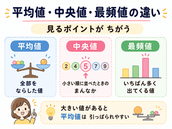 平均値・中央値・最頻値の違いをそれぞれの見るポイントで比較した図